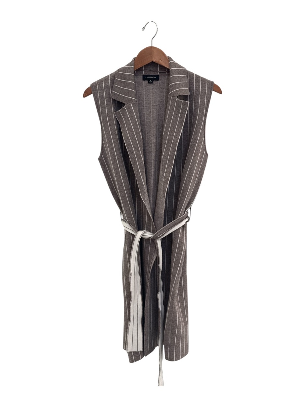Calligraphie Sleeveless Taupe Pinstripe Knit Duster Vest with Belt